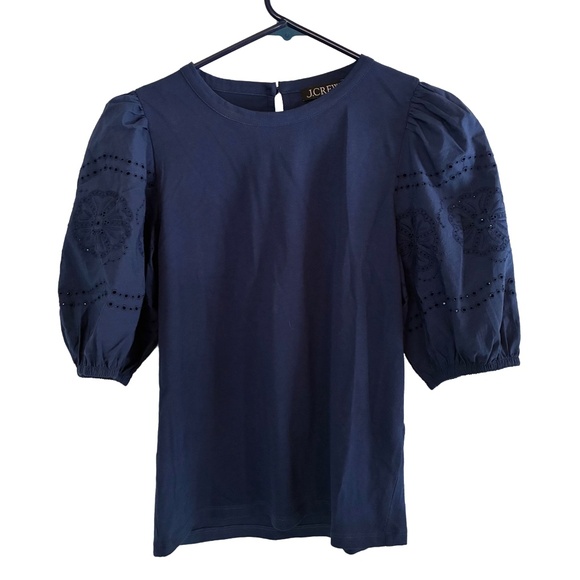 J.Crew Navy Puff-Sleeve Eyelet Top XS | Broken-In Jersey Lightweight Blouse - Picture 2 of 5